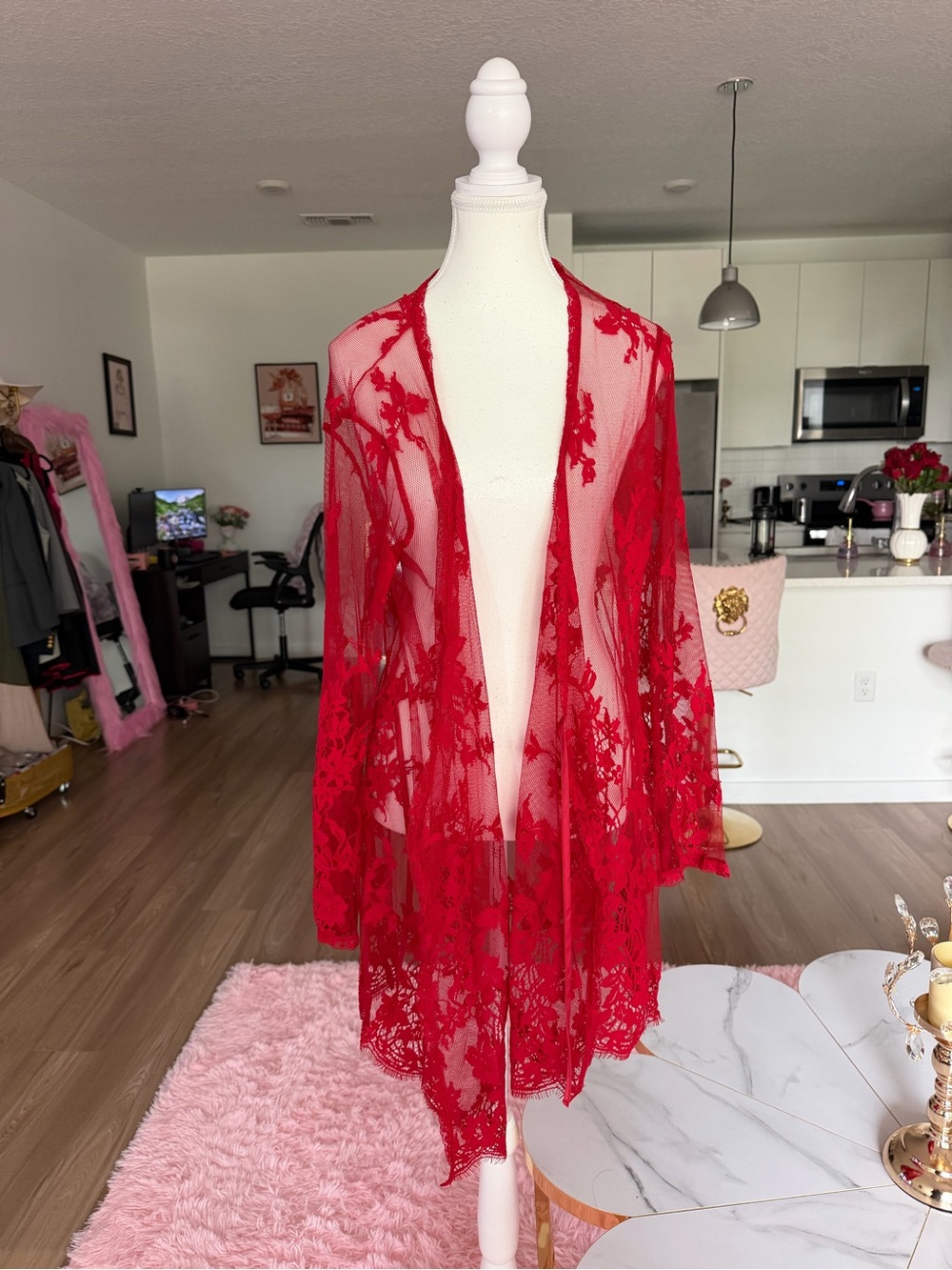 Victoria's Secret Red Sheer Floral Lace Kimono Robe
